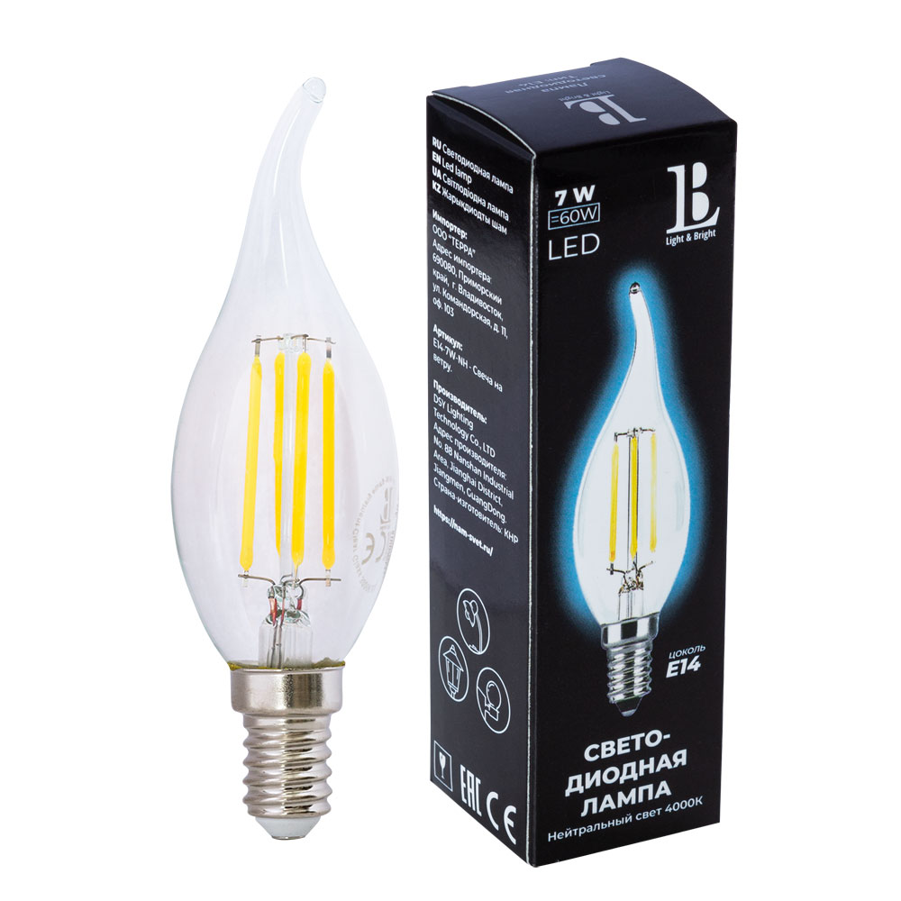 Светодиодная лампа L&B 7W 600Lm 4000K E14 E14-7W-NH-candle filament
