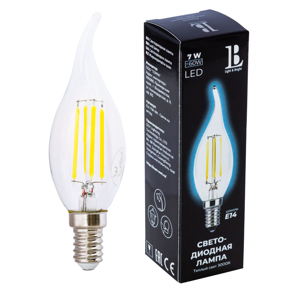 Светодиодная лампа L&B 7W 600Lm 3000K E14 E14-7W-WW-flame filament