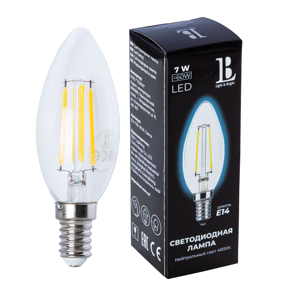 Светодиодная лампа L&B 7W 600Lm 4000K E14 E14-7W-NH-flame filament