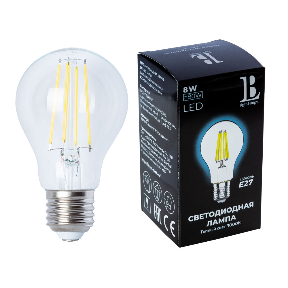 Светодиодная лампа L&B A60 8W 600Lm 3000K E27 E27-8W-A60-WW-filament