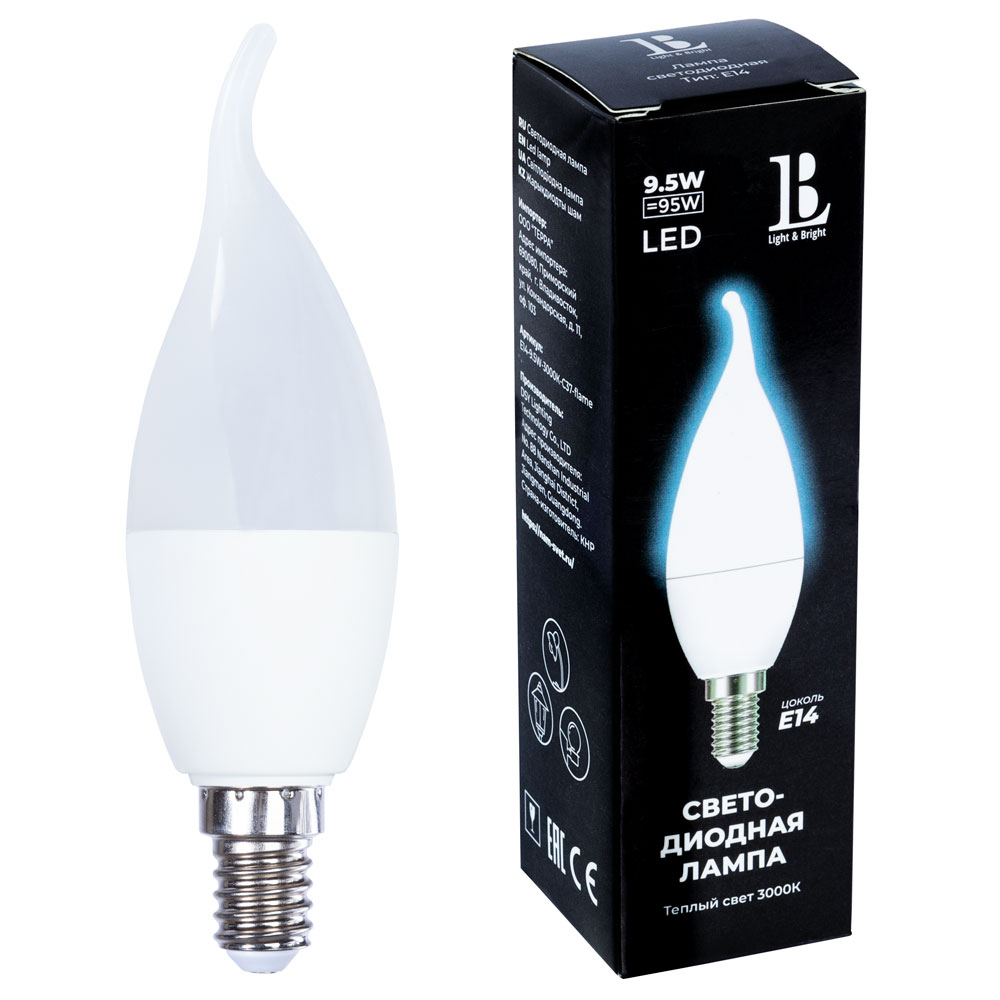 Светодиодная лампа L&B 9W 950Lm 3000K E14 E14-9,5W-3000К-C37-flame